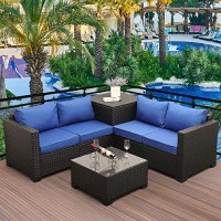 Outdoor Pe Wicker Furniture Set 4 Piece Patio Black Rattan Sectional Loveseat Couch Set Conversation Sofa With Storage Box Glass Top Table And Non-Slip Royal Blue Cushion