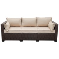 Waroom Patio Couch Pe Wicker 3-Seat Outdoor Brown Rattan Sofa Deep Seating Furniture With Non-Slip Beige Cushion