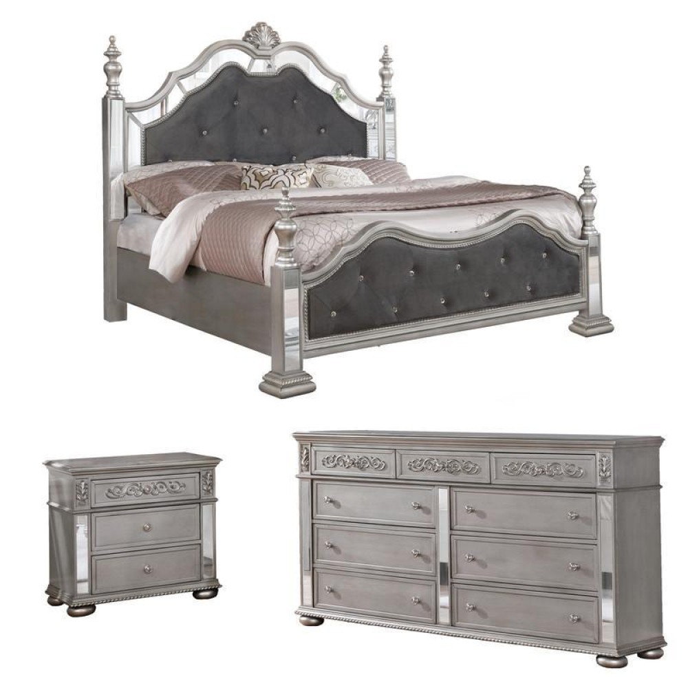 Gray Velvet 3 Piece Bedroom Set With Bed Posts & Reflective Panels - Eastern King