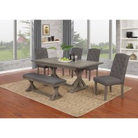 6PC Dining Set 1 Dining Table 4 Upholstered Side Chairs with Tufted Buttons and 1 Upholstered Bench Gray