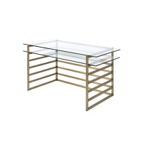 Benjara Slatted Design Metal Desk Shelf And Glass Top, Gold And Clear