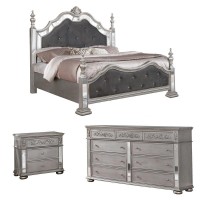 Gray Velvet 3 Piece Bedroom Set with Bed Posts Reflective Panels Queen