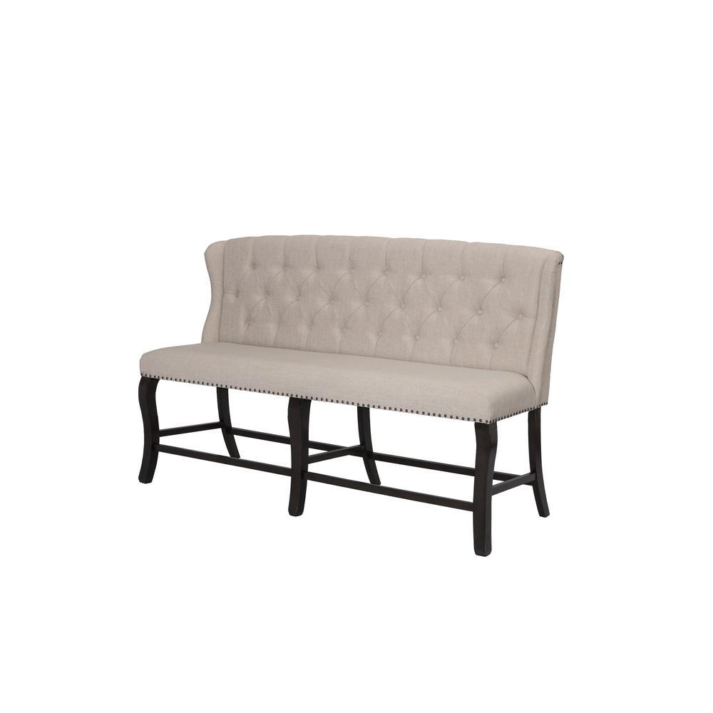 Counter Height Upholstered Bench with Backrest Tufted Buttons and Nailhead Trim Beige