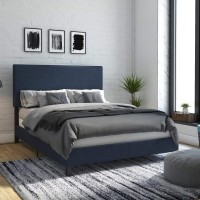 Dhp Janford Upholstered Platform Bed With Modern Vertical Stitching On Rectangular Headboard, Queen, Navy Blue Linen