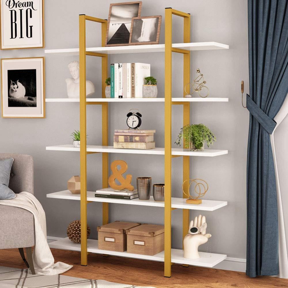 Tribesigns 5-Tier Bookshelf, Vintage Industrial Style Bookcase 70 ?? H X 12?? W X 47??L, Gold