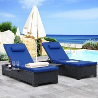 Waroom Outdoor Pe Wicker Chaise Lounge Chairs Patio Furniture Set Of 2 Black Rattan Double Reclining Chair Pool Adjustable Backrest Recliners With Royal Blue Cushion