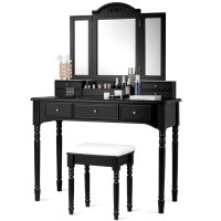 CHARMAID Large Makeup Vanity Table, 41.5'' Wide Vanity Desk, Tri-fold Mirror with 8 Necklace Hooks Backside, 7 Drawers, 4 Storage Compartments, Bedroom Dressing Table Vanity Set with Stool (Black)