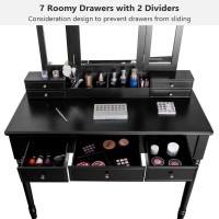 CHARMAID Large Makeup Vanity Table, 41.5'' Wide Vanity Desk, Tri-fold Mirror with 8 Necklace Hooks Backside, 7 Drawers, 4 Storage Compartments, Bedroom Dressing Table Vanity Set with Stool (Black)
