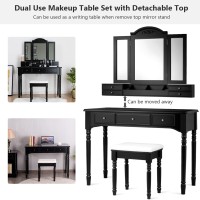 CHARMAID Large Makeup Vanity Table, 41.5'' Wide Vanity Desk, Tri-fold Mirror with 8 Necklace Hooks Backside, 7 Drawers, 4 Storage Compartments, Bedroom Dressing Table Vanity Set with Stool (Black)