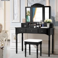 CHARMAID Large Makeup Vanity Table, 41.5'' Wide Vanity Desk, Tri-fold Mirror with 8 Necklace Hooks Backside, 7 Drawers, 4 Storage Compartments, Bedroom Dressing Table Vanity Set with Stool (Black)