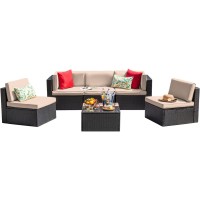 Devoko Patio Furniture Sets 6 Pieces Outdoor Sectional Rattan Sofa Manual Weaving Wicker Patio Conversation Set With Glass Table