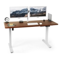 Vivo Electric Height Adjustable 60 X 24 Inch Memory Stand Up Desk, Dark Walnut Solid One-Piece Table Top, White Frame, Standing Workstation With Preset Controller, Desk-Kit-1W6D