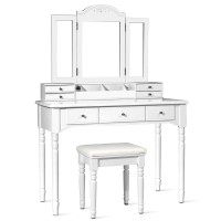 CHARMAID Large Makeup Vanity Table, 41.5'' Wide Vanity Desk, Tri-fold Mirror with 8 Necklace Hooks Backside, 7 Drawers, 4 Storage Compartments, Bedroom Dressing Table Vanity Set with Stool (White)