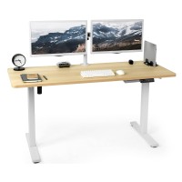 Vivo Electric Height Adjustable 60 X 24 Inch Memory Stand Up Desk, Light Wood Solid One-Piece Table Top, White Frame, Standing Workstation With Preset Controller, Desk-Kit-1W6C