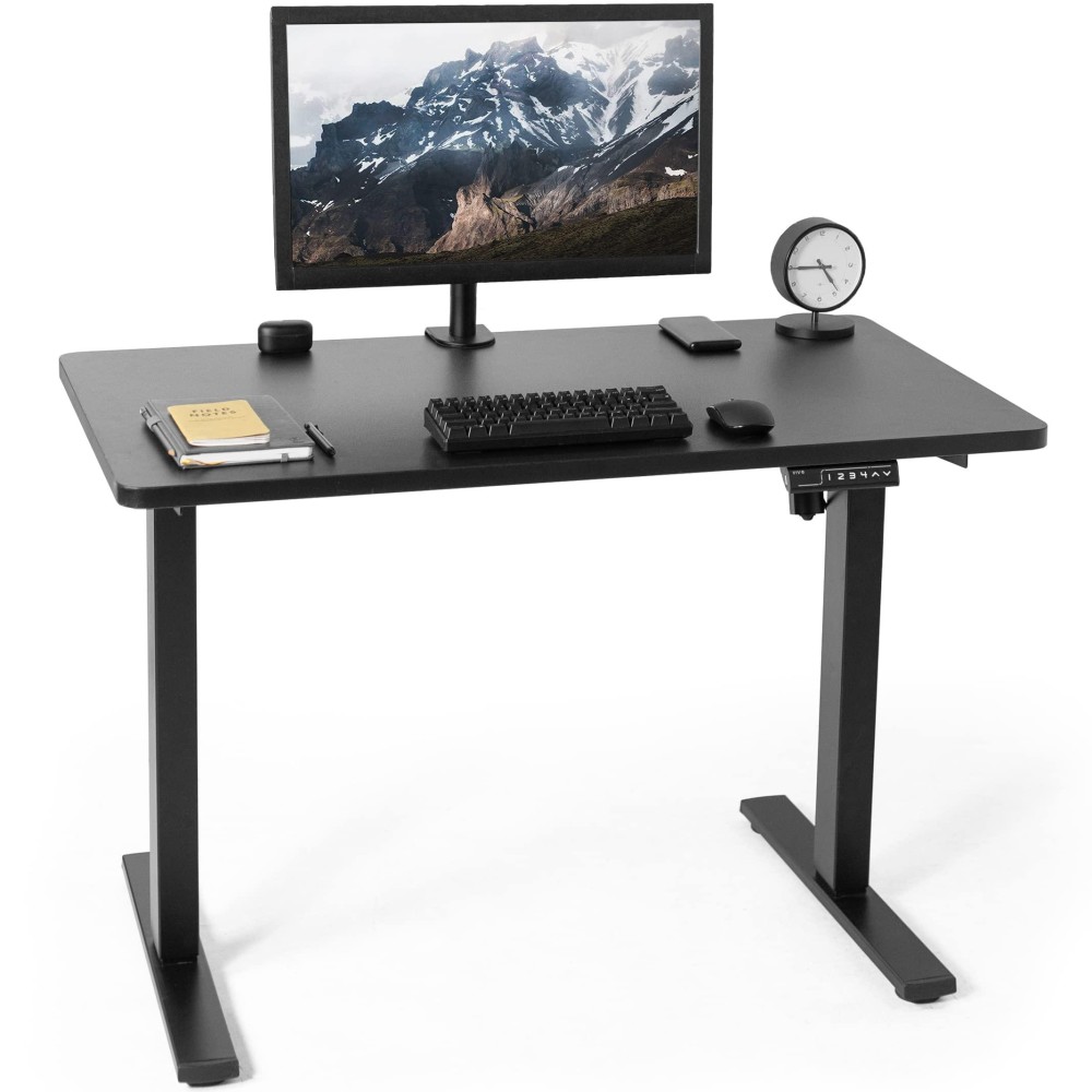 Vivo Electric Height Adjustable 43 X 24 Inch Memory Stand Up Desk, Black Solid One-Piece Table Top, Black Frame, Standing Workstation With Preset Controller, Desk-Kit-1B4B