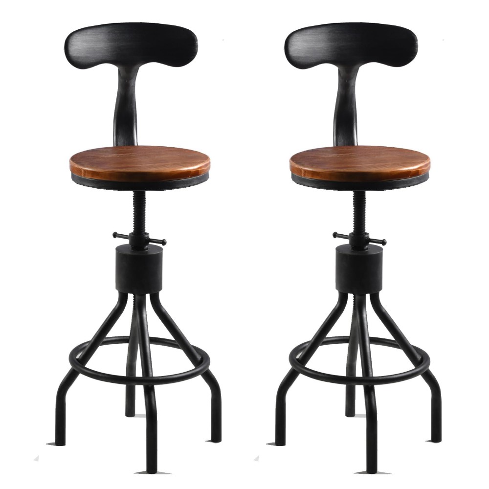 Lokkhan Set Of 2 Rustic Industrial Bar Stool-24-30 Adjustable Metal Swivel Wooden Top Barstools-Counter Height Extra Tall Bar Height-Vintage Farmhouse Kitchen Breakfast Cafe Stool-With Backrest