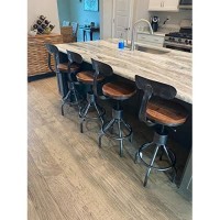 Lokkhan Set Of 2 Rustic Industrial Bar Stool-24-30 Adjustable Metal Swivel Wooden Top Barstools-Counter Height Extra Tall Bar Height-Vintage Farmhouse Kitchen Breakfast Cafe Stool-With Backrest