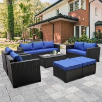 Patio Wicker Furniture Set 7 Pieces Outdoor Black Rattan Conversation Seat Couch Sofa Chair Set With Royal Blue Cushion And Furniture Covers