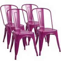 Furmax Metal Dining Chair Indoor-Outdoor Use Stackable Classic Trattoria Chair Chic Dining Bistro Cafe Side Metal Chairs Set Of 4 (Purple)