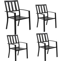 Mfstudio 4 Piece Black Metal Outdoor Furniture Patio Steel Frame Slat Seat Dining Arm Chairs With Angle Back,(Black)