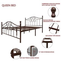 Yerperfo Vintage Sturdy Metal Bed Frame Queen Size With Vintage Headboard And Footboard Platform Base Bed Frame No Box Spring Needed Steel Bedantique Brownqueen