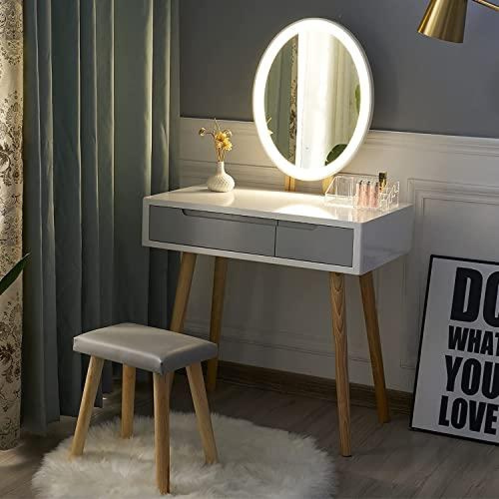 Artethys Vanity Table Set With Adjustable Brightness Mirror And Cushioned Stool, Dressing Table Vanity Makeup Table With 1 Free Make-Up Organizer