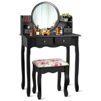 Charmaid Vanity Set With 4 Storage Shelves And 4 Drawers, Makeup Table With 360 Pivoted Round Mirror And Makeup Organizers, Dressing Table With Mirror And Cushioned Stool For Women Girls (Black)