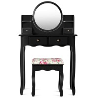 Charmaid Vanity Set With 4 Storage Shelves And 4 Drawers, Makeup Table With 360 Pivoted Round Mirror And Makeup Organizers, Dressing Table With Mirror And Cushioned Stool For Women Girls (Black)
