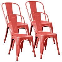 Jummico Metal Dining Chair Stackable Indoor-Outdoor Industrial Vintage Chairs Bistro Kitchen Cafe Side Chairs With Back Set Of 4 (Red)