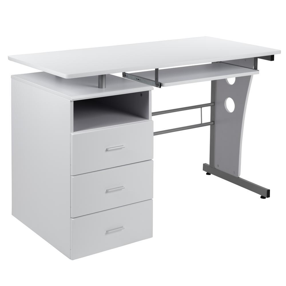 White Desk with Three Drawer Pedestal and PullOut Keyboard Tray