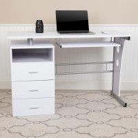 White Desk with Three Drawer Pedestal and PullOut Keyboard Tray