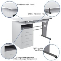 White Desk with Three Drawer Pedestal and PullOut Keyboard Tray