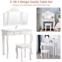 Costzon Kids Wooden Vanity Table & Stool Set, 2 In 1 Detachable Design With Dressing Table And Writing Desk, Princess Makeup Dressing Table With Two 180 Folding Mirror, For Girls, Kids (White)