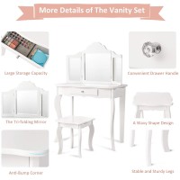 Costzon Kids Wooden Vanity Table & Stool Set, 2 In 1 Detachable Design With Dressing Table And Writing Desk, Princess Makeup Dressing Table With Two 180 Folding Mirror, For Girls, Kids (White)