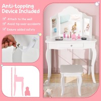 Costzon Kids Wooden Vanity Table & Stool Set, 2 In 1 Detachable Design With Dressing Table And Writing Desk, Princess Makeup Dressing Table With Two 180 Folding Mirror, For Girls, Kids (White)