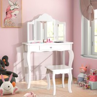 Costzon Kids Wooden Vanity Table & Stool Set, 2 In 1 Detachable Design With Dressing Table And Writing Desk, Princess Makeup Dressing Table With Two 180 Folding Mirror, For Girls, Kids (White)