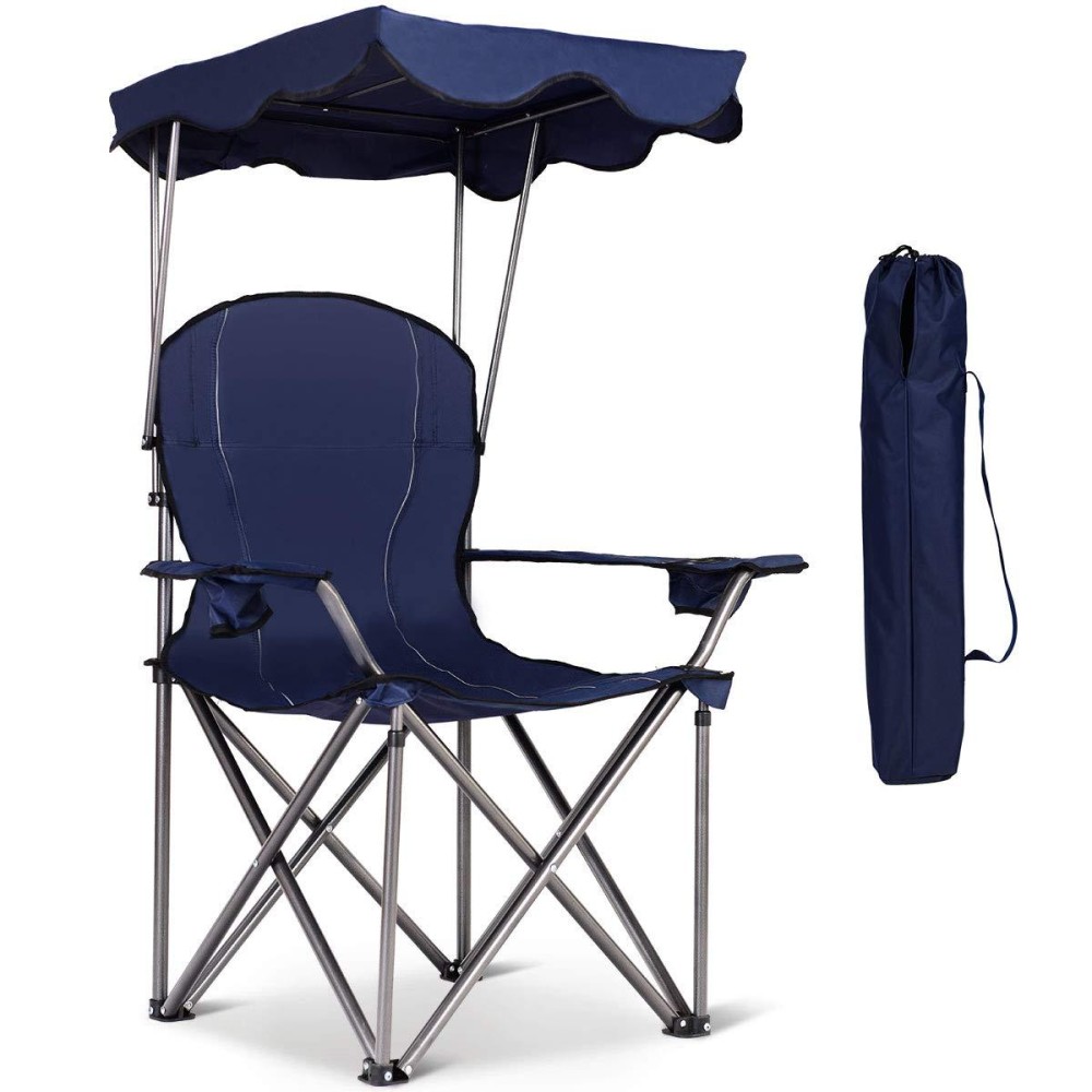 Goplus Beach Chair With Canopy Shade, Folding Lawn Chair With Umbrella Cup Holder & Carry Bag, Portable Sunshade Chair For Adults For Outdoor Travel Hiking Fishing (Blue)