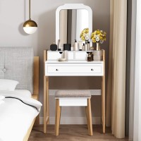 Charmaid Vanity Set With 3 Drawers, 25Inch Vanity Desk With Large Mirror And Cushioned Stool, Ideal For Small Place Apartment, Unique Chic Design, Makeup Table Set For Women Girls (3 Drawers)