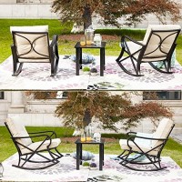 Lokatse Home 3 Piece Patio Outdoor Rocking Chair Bistro Sets With Coffee Table, Khaki