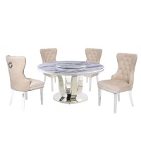 White Marble Round 5 piece Dining Set Ring Chairs in Cream Velvet Lazy Susan