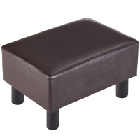Youdenova 16 Inches Footstool Ottoman With 4 Stable Wooden Legs, Small Under Desk Footrest, Brown Pu Faux Leather Step Stool With Padded Seat For Living Room Bedroom