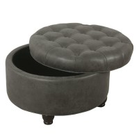 Homepop Home Decor | Large Button Tufted Faux Leather Round Storage Ottoman | Ottoman With Storage For Living Room & Bedroom (Gray)