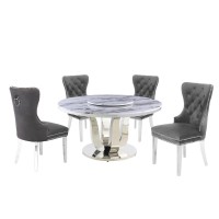 White Marble Round 5 piece Dining Set Ring Chairs in Dark Gray Velvet Lazy Susan