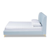 Baxton Studio Saverio Glam And Luxe Light Blue Velvet Fabric Upholstered Queen Size Platform Bed With Gold-Tone Legs