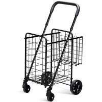 Goplus Folding Shopping Utility Cart, Double Basket And 360 Swivel Wheels, Adjustable Handle, Small Cart Perfect For Grocery Laundry Book Luggage Travel
