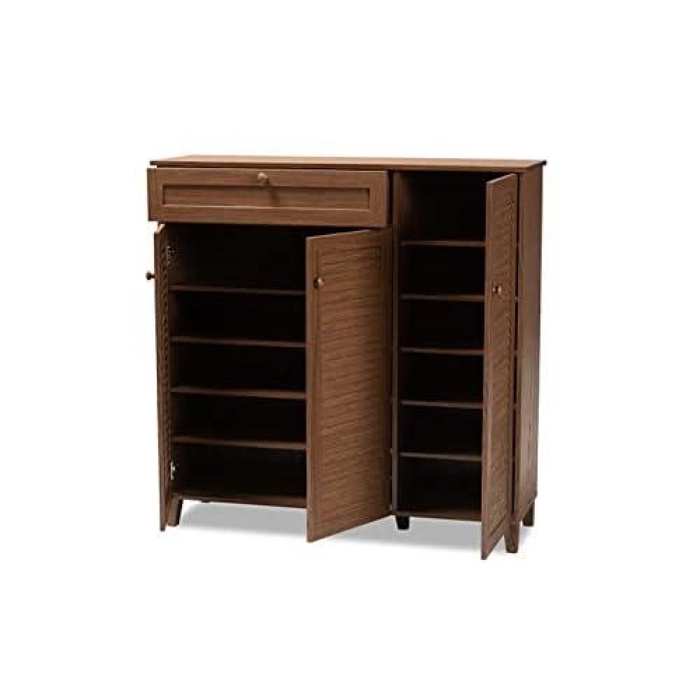 Baxton Studio Coolidge Modern And Contemporary Walnut Finished 11-Shelf Wood Shoe Storage Cabinet With Drawer