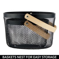 Mdesign Farmhouse Metal Storage Organizer Basket Bin With Wood Handles - For Bathroom, Office, Entryway, Closet, Cabinet, Bedroom, Laundry Room, Nursery, Kids Toy Room, Set Of 2 - Black