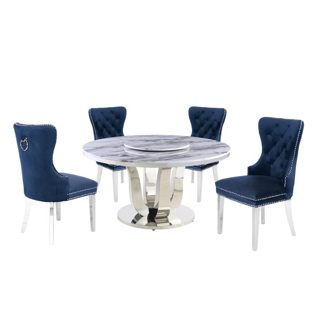 White Marble Round 5 piece Dining Set Ring Chairs in Navy Blue Velvet Lazy Susan