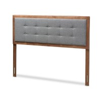 Baxton Studio Sarine Mid-Century Modern Dark Grey Fabric Upholstered Walnut Brown Finished Wood Queen Size Headboard