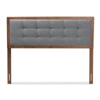 Baxton Studio Sarine Mid-Century Modern Dark Grey Fabric Upholstered Walnut Brown Finished Wood Queen Size Headboard